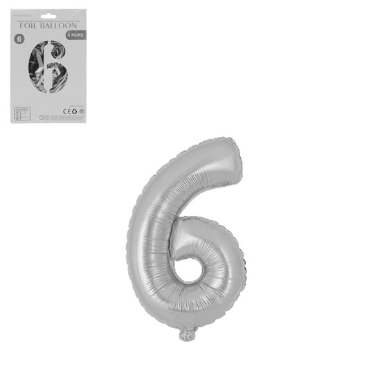 DEK/BALON FOLIOWY CYFRA 6 KOLOR SREBRNY 16" (1/10) -zdjęcie numer 1