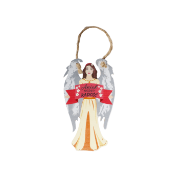 DEK/ANIOŁ Z DREWNA ANIOŁ NIOSĄCY RADOŚĆ wys.14,5cm