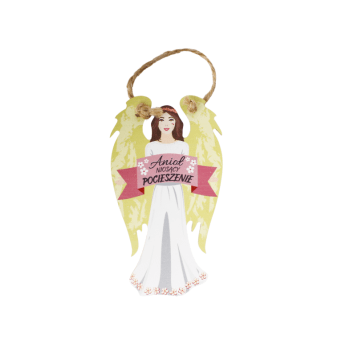 DEK/ANIOŁ Z DREWNA NIOSĄCY POCIESZENIE wys.14,5cm