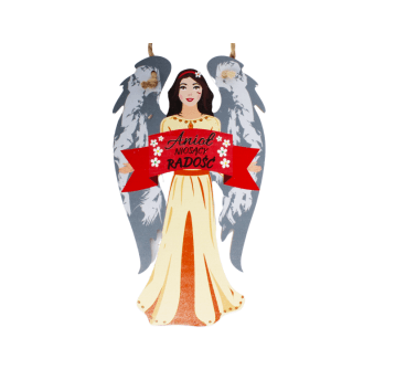 DEK/ANIOŁ Z DREWNA NIOSĄCY RADOŚĆ wys.21cm