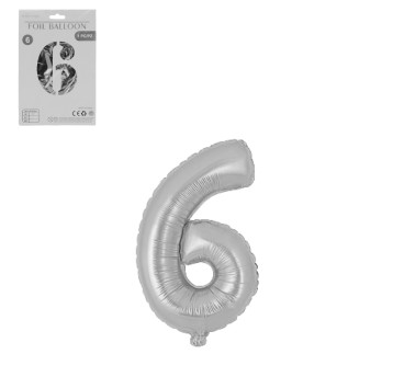 DEK/BALON FOLIOWY CYFRA 6 KOLOR SREBRNY 16" (1/10)